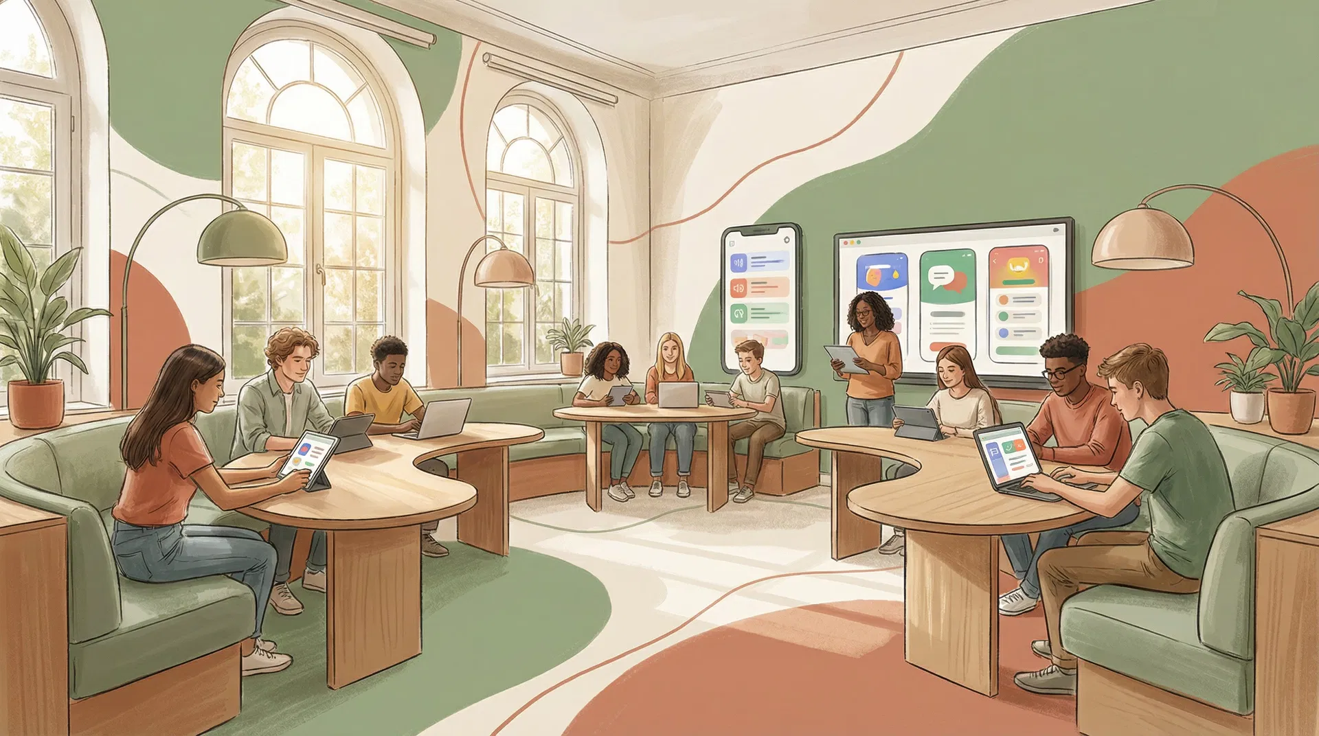 Language school students collaborating