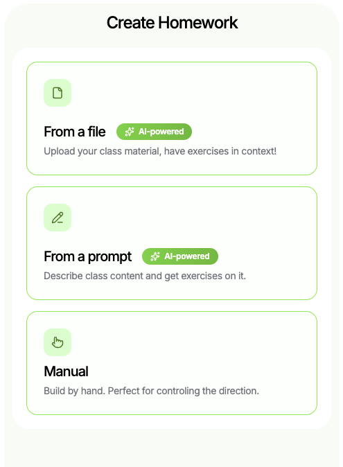 授業素材、プロンプト、または手動入力からパーソナライズされた宿題を生成する方法を示すFluiインターフェース。完全にカスタマイズ可能。